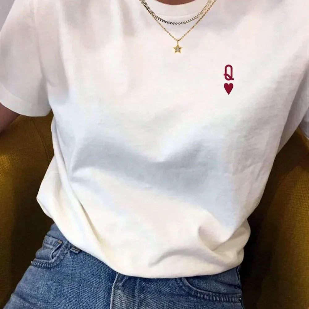 Trendy American Ins Red Heart Letter Printed T-shirt for Women White Loose Cotton Summer Short-sleeved Casual Shirt Tops