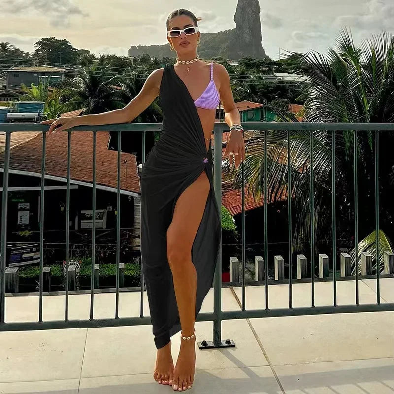 2024 New Hollow Out Summer Beach Party Slim Dress Women Elegant White One Shoulder Sleeveless Y2K Sexy Bodycon Long Dresses