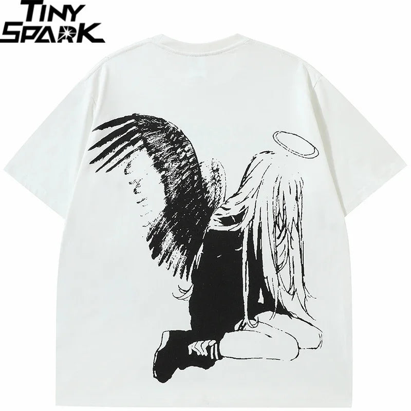 Men Tshirt Streetwear Japanese Harajuku Cartoon Angel Wings Graphic T-Shirt Summer 2025 HipHop T Shirt Anime Tops Tee Cotton Y2K
