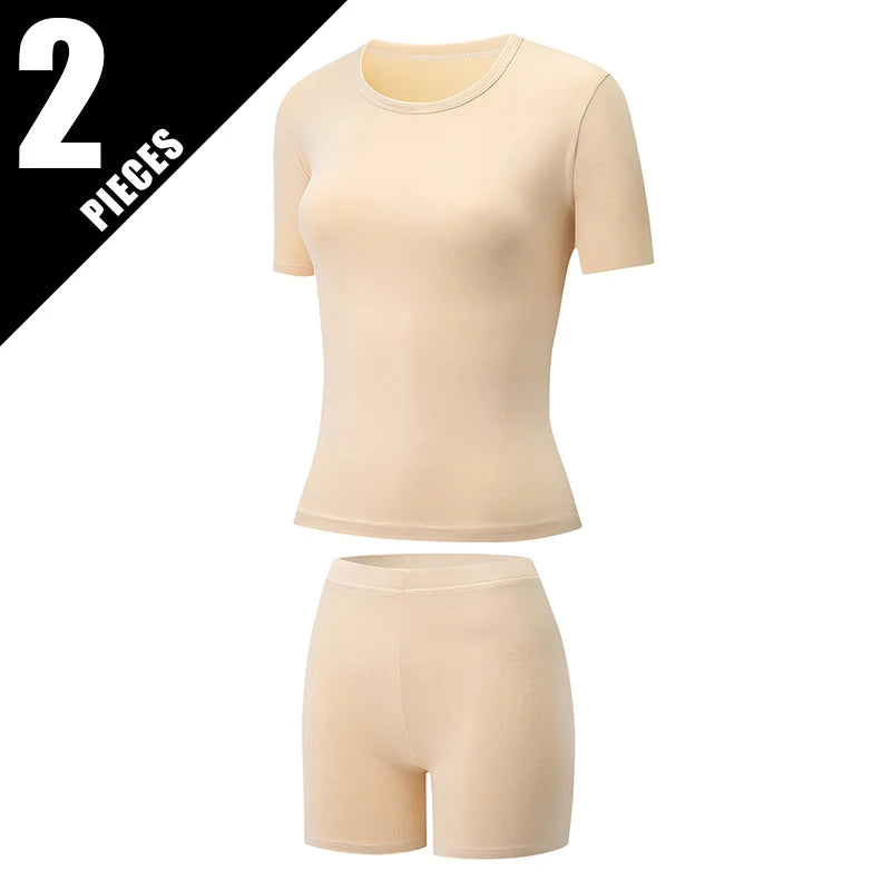 2-Piece Women's Summer Solid Color Casual Sports Short Sleeved Shorts Set Round Neck Base T-shirt And Safety Leggings Home Set