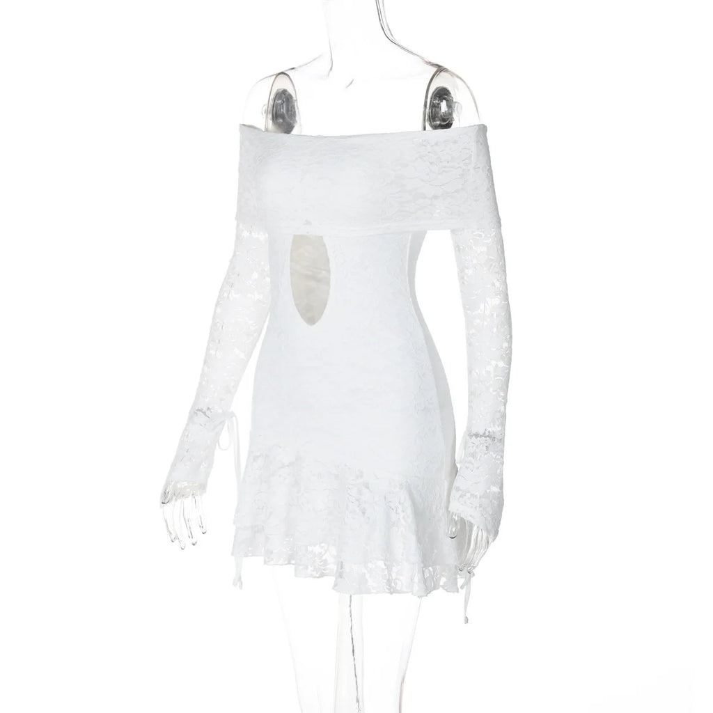 Women's Clothing 2026 Spring New Fashionable and Sexy One-word Collar Hollow Lace Long-sleeved Streamer Skirt