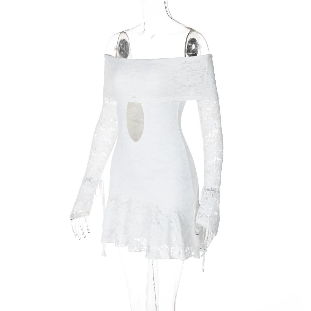 Women's Clothing 2026 Spring New Fashionable and Sexy One-word Collar Hollow Lace Long-sleeved Streamer Skirt