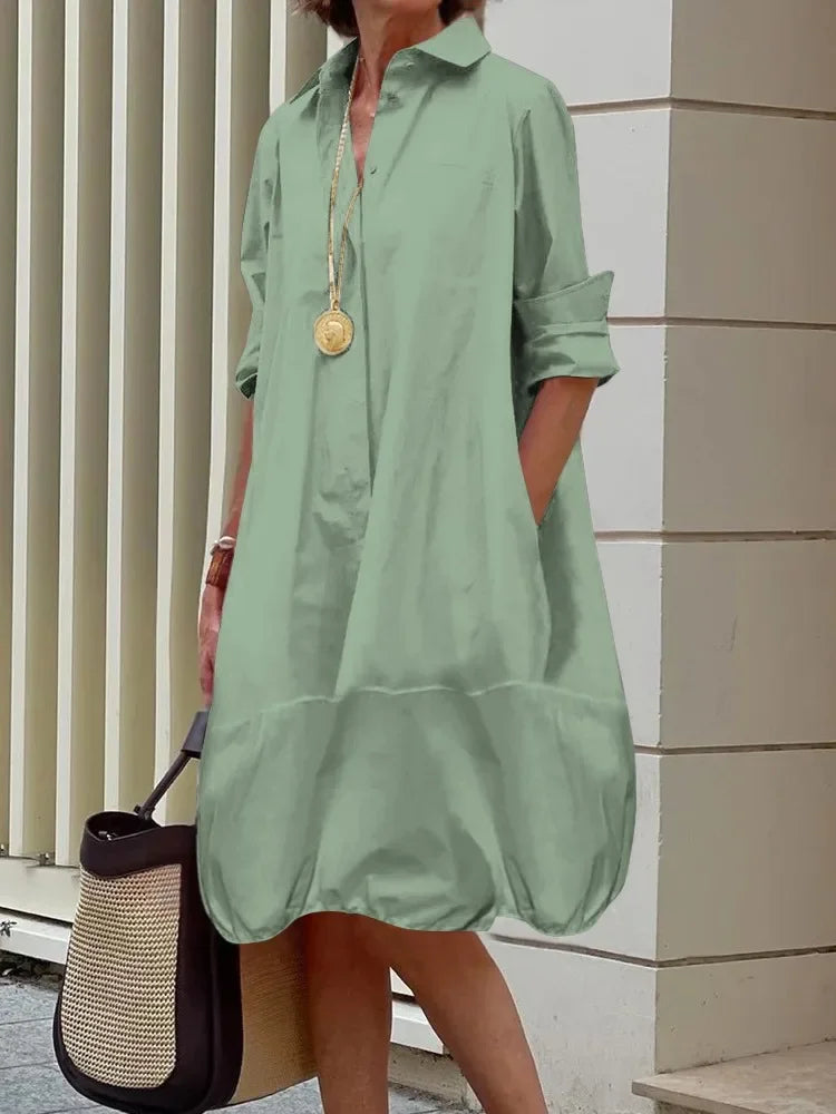Yeezzi Women's Lapel Shirts Dress 2025 New Spring Summer Long Sleeves Loose Solid Color Casual Going Out Office Midi Dresses