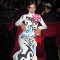 Women's Fashionable High-neck Color-blocked Graffiti Long-sleeved Hip-hugging Close-fitting Long Dress