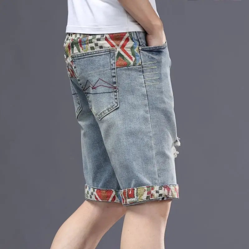 2025 Elastic five-point denim shorts men's summer embroidery Korean version loose straight slim casual Korean version