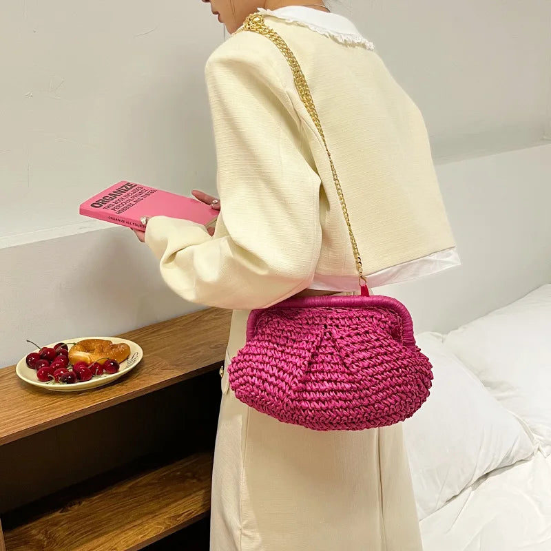 Gusure Summer Designer Shoulder Crossbody Bag Straw Weaving Clutch Purse  Women Dumpling Crossbody Beach Bag Fashon Cloud Pouch