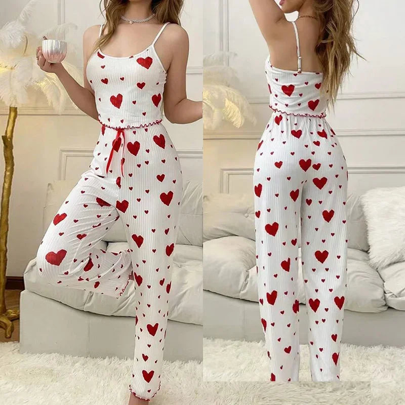 Spring Summer Pajamas Set for Women Sleepwear Heart Print Sleeveless Cami Vest with Long Trouser Set Pyjamas Loungewear