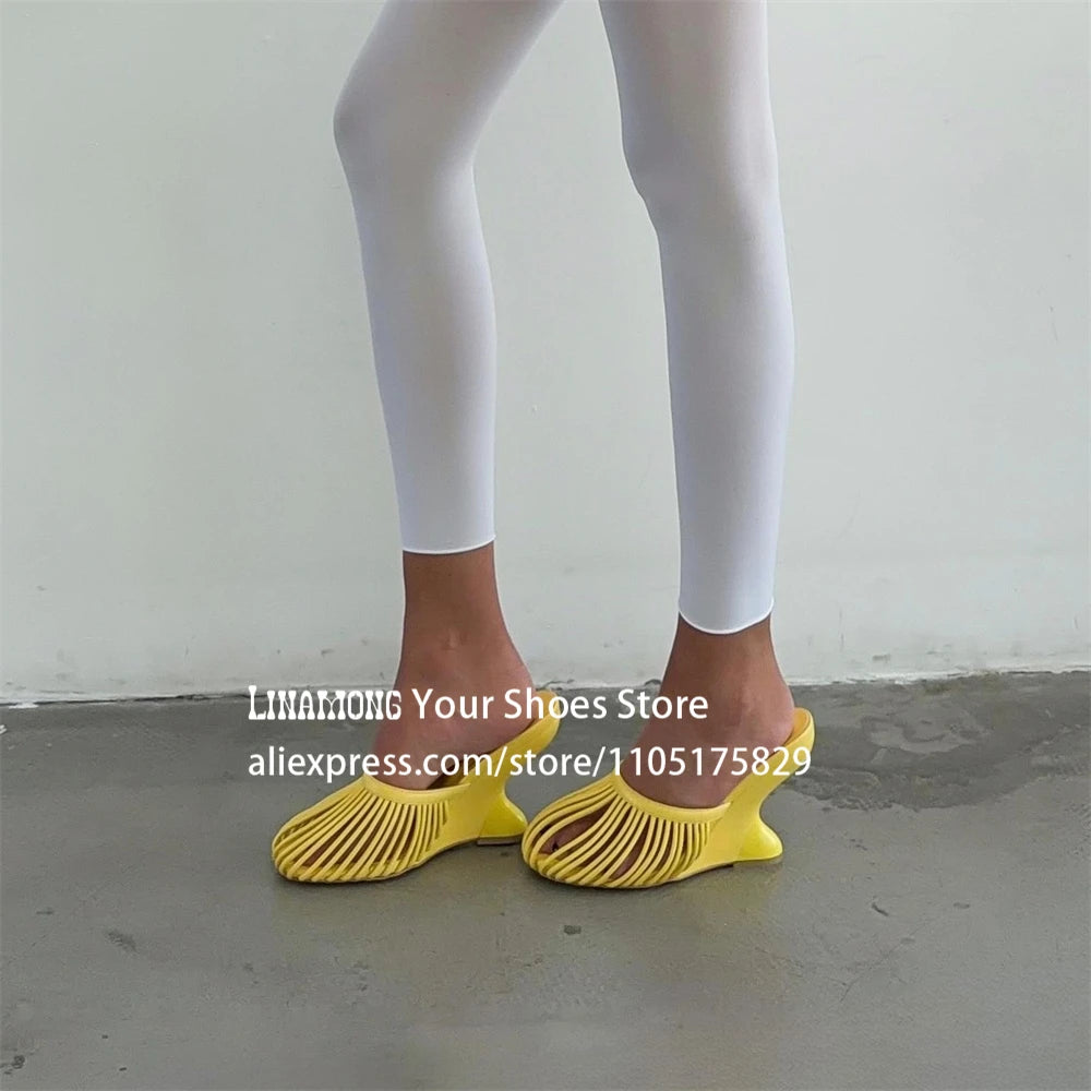 Metallic Leather Cage Mules Novelty Strange Wedge Heel Slippers Designer Style Slip on Summer Shoes Custom Multicolor Slippers