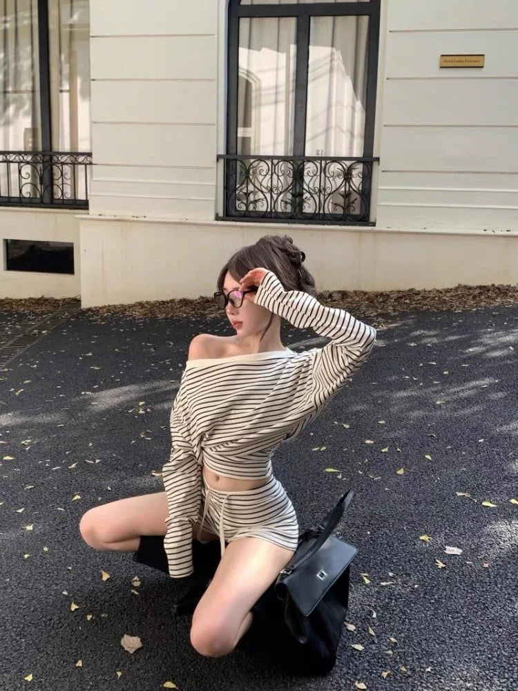 Summer New Sweet Striped Shoulder Bared Long Sleeve Sleepwear Women's Sexy Cute Home Clothes Set Korean Style Cotton Polyester