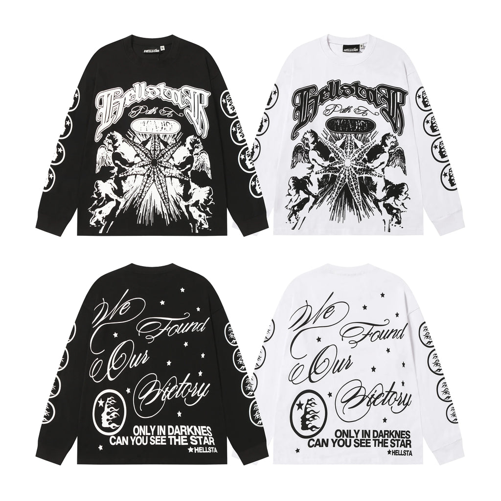 American Style HEII Hell Star Little Angel Letter Print High Street Loose Men Women Base Long Sleeve T-Shirt Spring Autumn