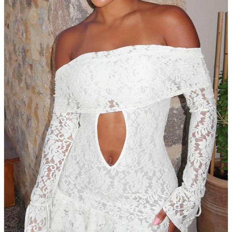 Women's Clothing 2026 Spring New Fashionable and Sexy One-word Collar Hollow Lace Long-sleeved Streamer Skirt
