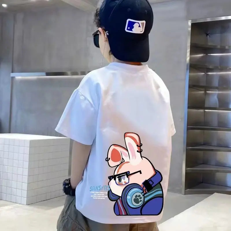 Fashion Children's Clothing Summer Rabbit Print T-shirt Boys and Girls' Clothing Short Sleeve Top 100% Cotton Children's T-shirt