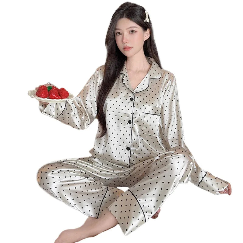 Spring and Autumn Summer Black Polka Dot Ice Silk Pajamas Women's New Long Sleeve Long Pants Net Red Simple Casual Homewear Set