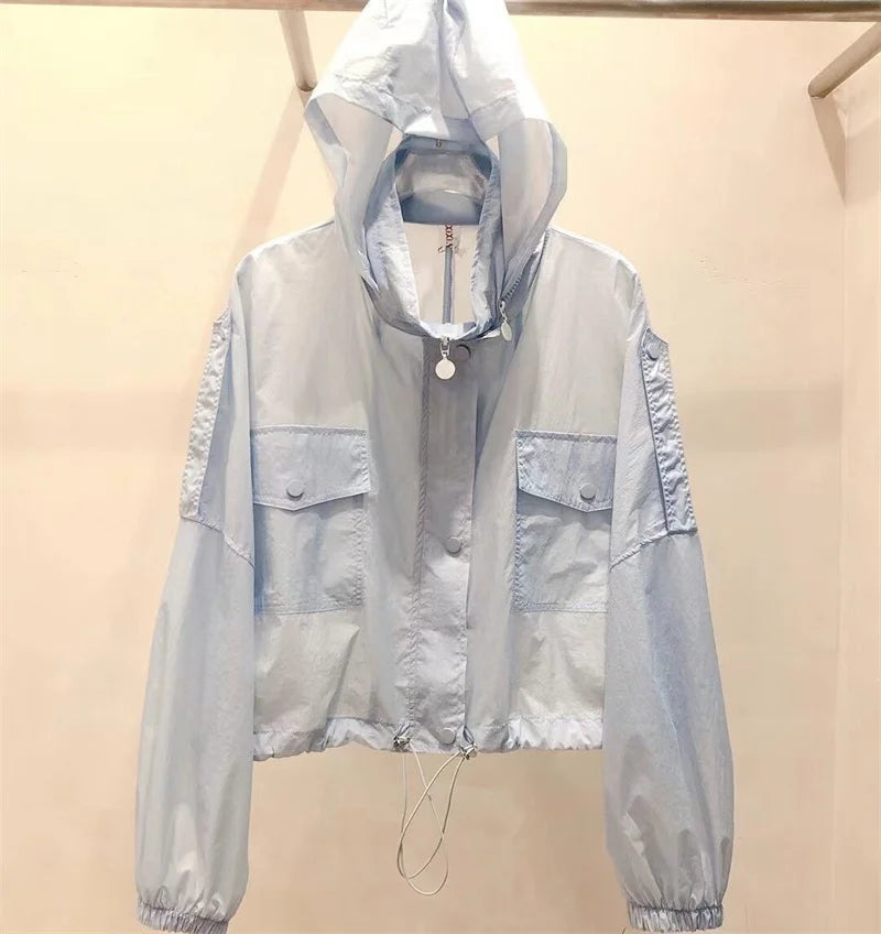 Sunscreen clothing for women's outerwear trend in 2025 New UV resistant summer thin hooded and sun proof windbreaker jacket 4XL