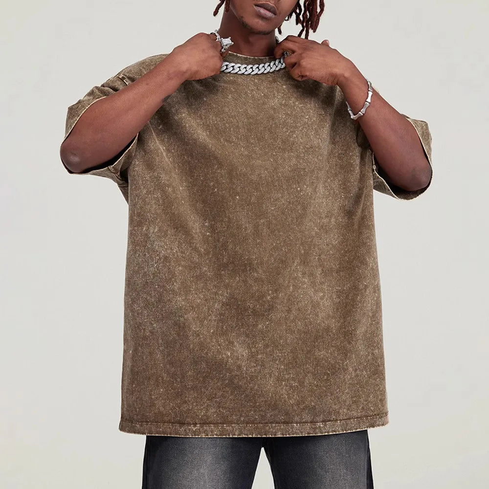 Streetwear Washed Distressed T-shirt for Men Oversized European and American Off Shoulder Sleeves Cotton Women Tshirts
