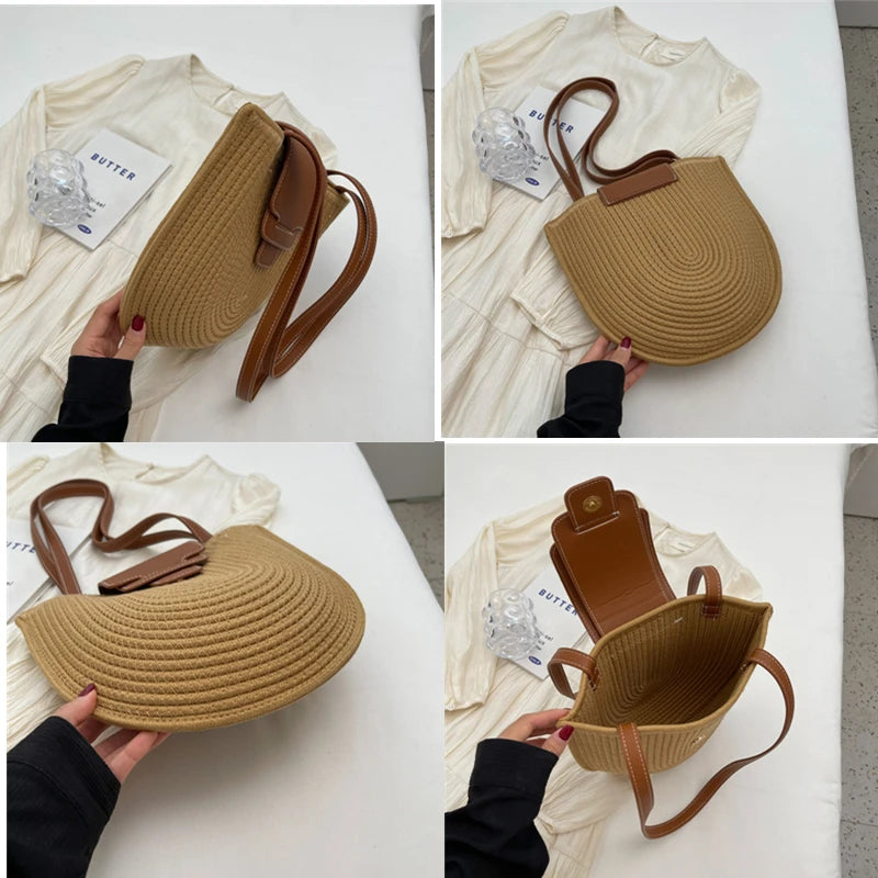 Large Capacity Beach Shopping Bag Luxury Design Woven Shoulder Bag Women Handmade Cotton Thread Woven Handbag Summer Travel Bag