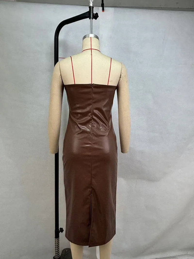 Sexy tube top dress. Leather, solid color temperament, split ends, slim fit.