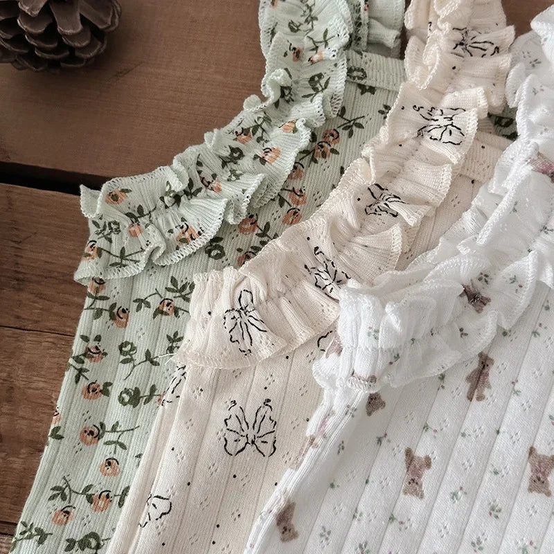 2025 Summer 2PCS Korean Ruffled Sleeveless Knitted Suspender Floral Clothing Set for 0-4 Years 100% Cotton Chic Straps Vest Suit