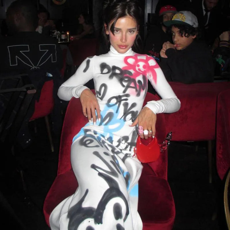 Women's Fashionable High-neck Color-blocked Graffiti Long-sleeved Hip-hugging Close-fitting Long Dress