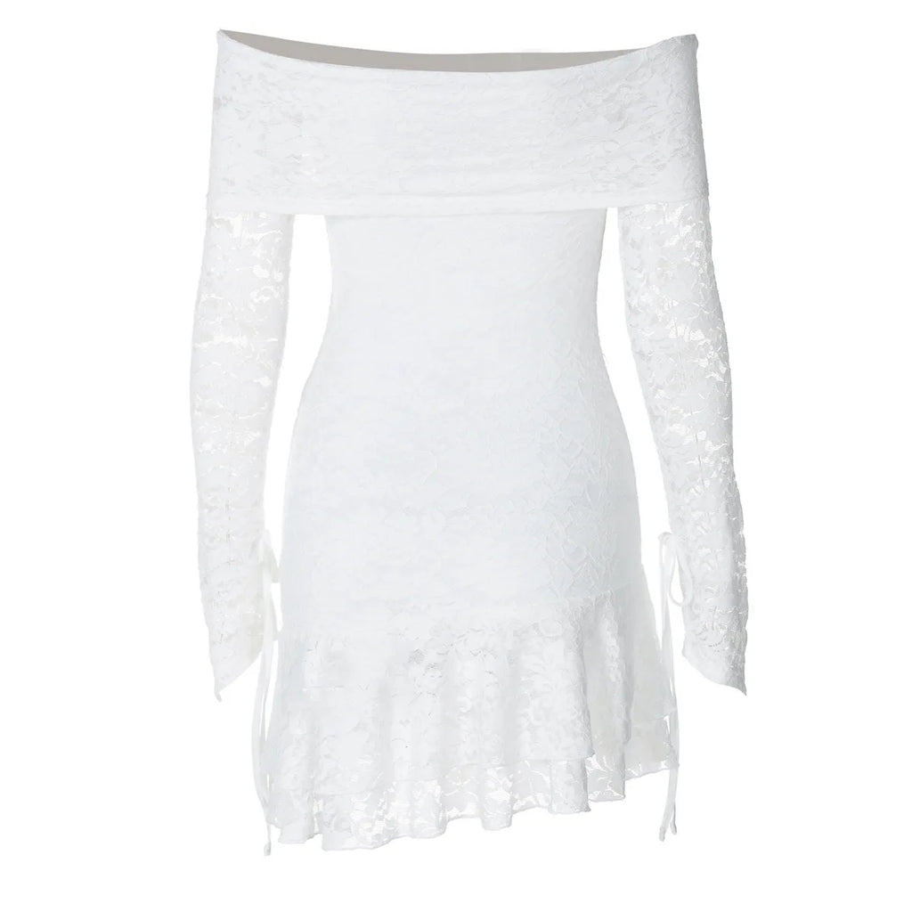 Women's Clothing 2026 Spring New Fashionable and Sexy One-word Collar Hollow Lace Long-sleeved Streamer Skirt