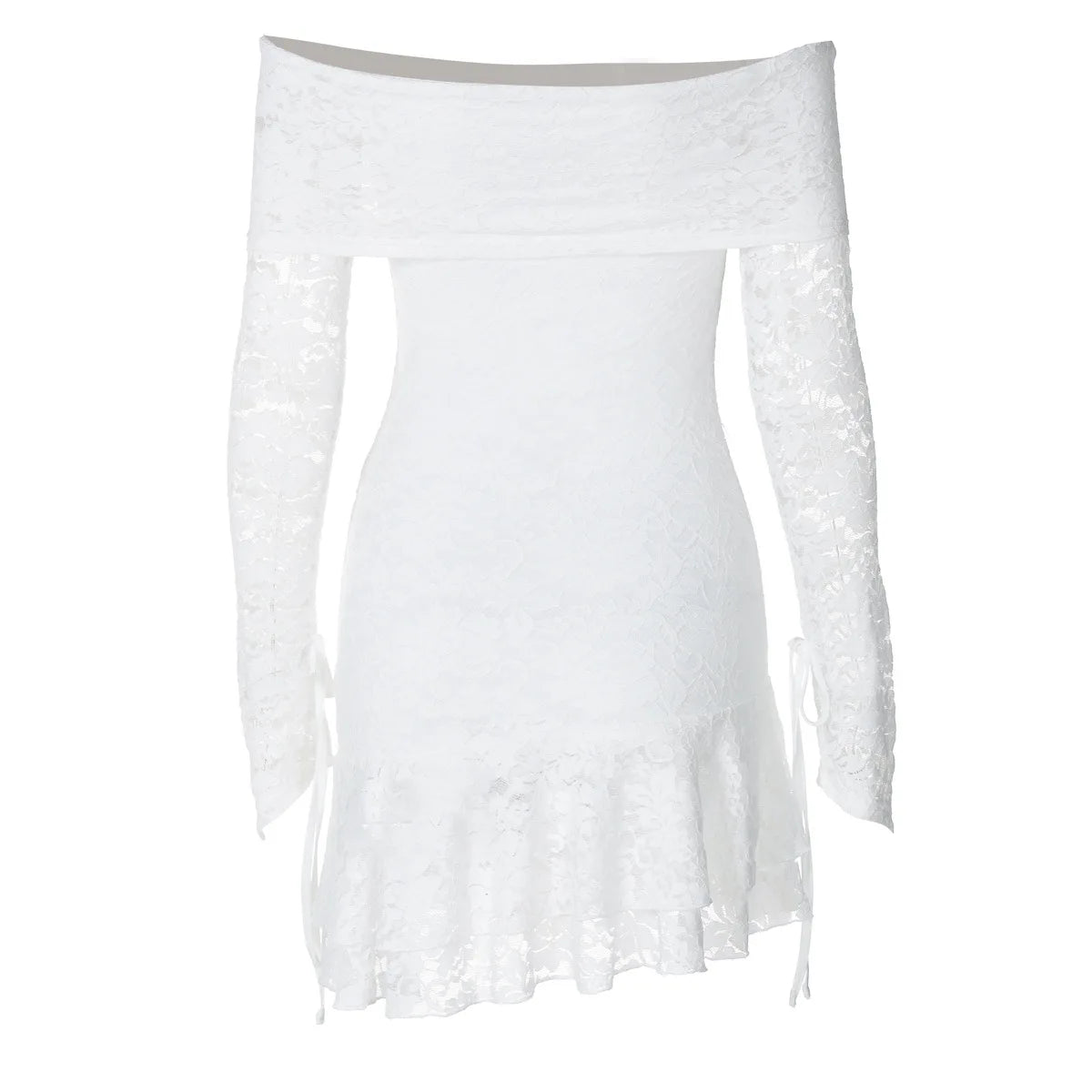 Women's Clothing 2026 Spring New Fashionable and Sexy One-word Collar Hollow Lace Long-sleeved Streamer Skirt