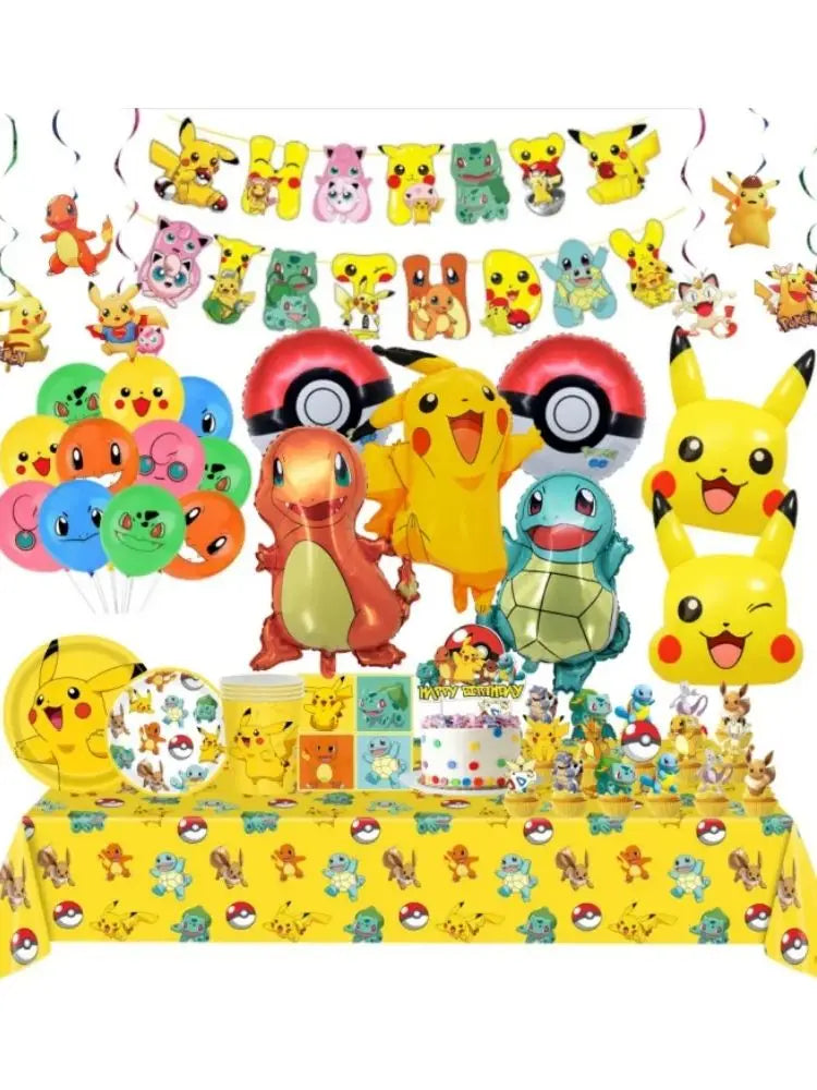 Pokemon Birthday Party Decoration Cartoon Theme Tableware Set with Cups Plates Napkins Pikachu Balloons Banner Kids Party Favors