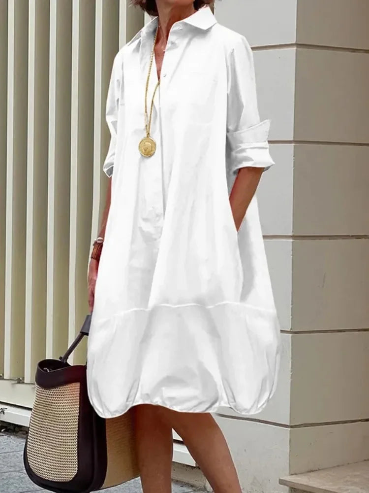 Yeezzi Women's Lapel Shirts Dress 2025 New Spring Summer Long Sleeves Loose Solid Color Casual Going Out Office Midi Dresses