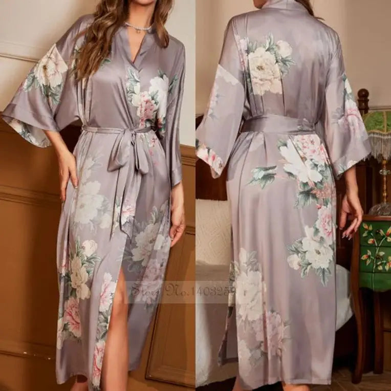 Print Flower Female Long Robe Sleepwear Japanese Kimono Bathrobe Gown Spring Summer Satin Nightgown Loose Casual Home Dress Wear