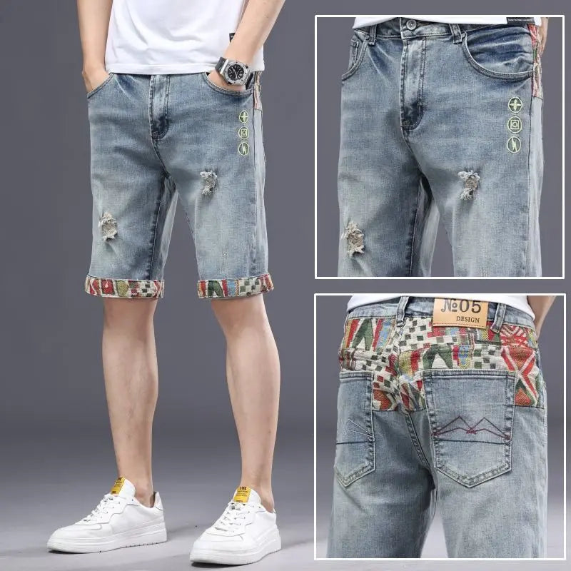 2025 Elastic five-point denim shorts men's summer embroidery Korean version loose straight slim casual Korean version