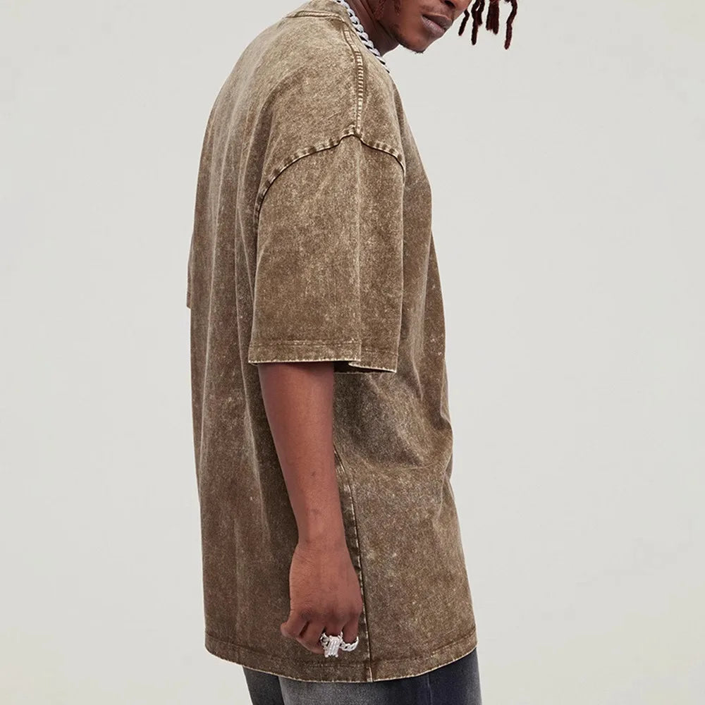 Streetwear Washed Distressed T-shirt for Men Oversized European and American Off Shoulder Sleeves Cotton Women Tshirts