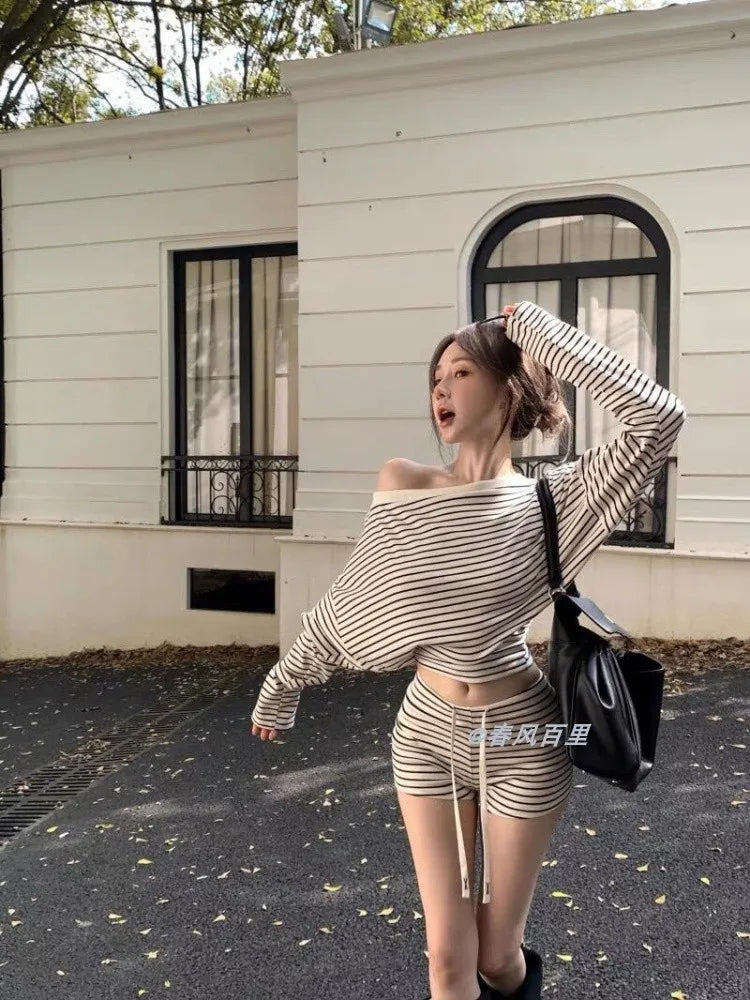 Summer New Sweet Striped Shoulder Bared Long Sleeve Sleepwear Women's Sexy Cute Home Clothes Set Korean Style Cotton Polyester