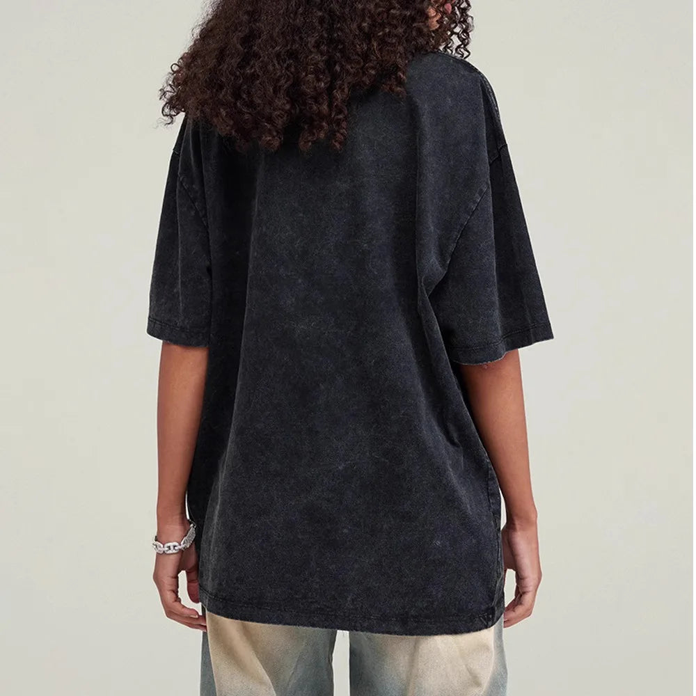 Streetwear Washed Distressed T-shirt for Men Oversized European and American Off Shoulder Sleeves Cotton Women Tshirts
