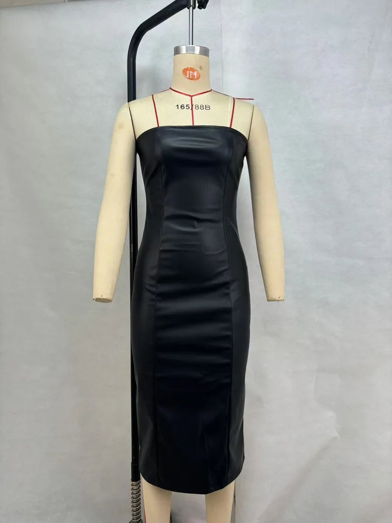 Sexy tube top dress. Leather, solid color temperament, split ends, slim fit.