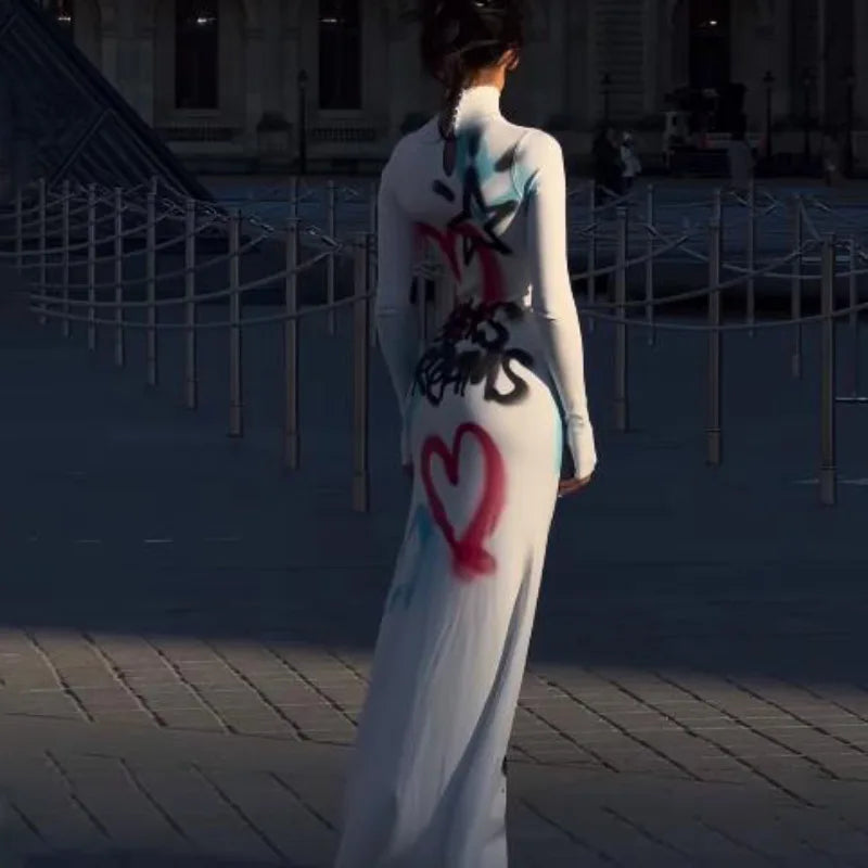 Women's Fashionable High-neck Color-blocked Graffiti Long-sleeved Hip-hugging Close-fitting Long Dress