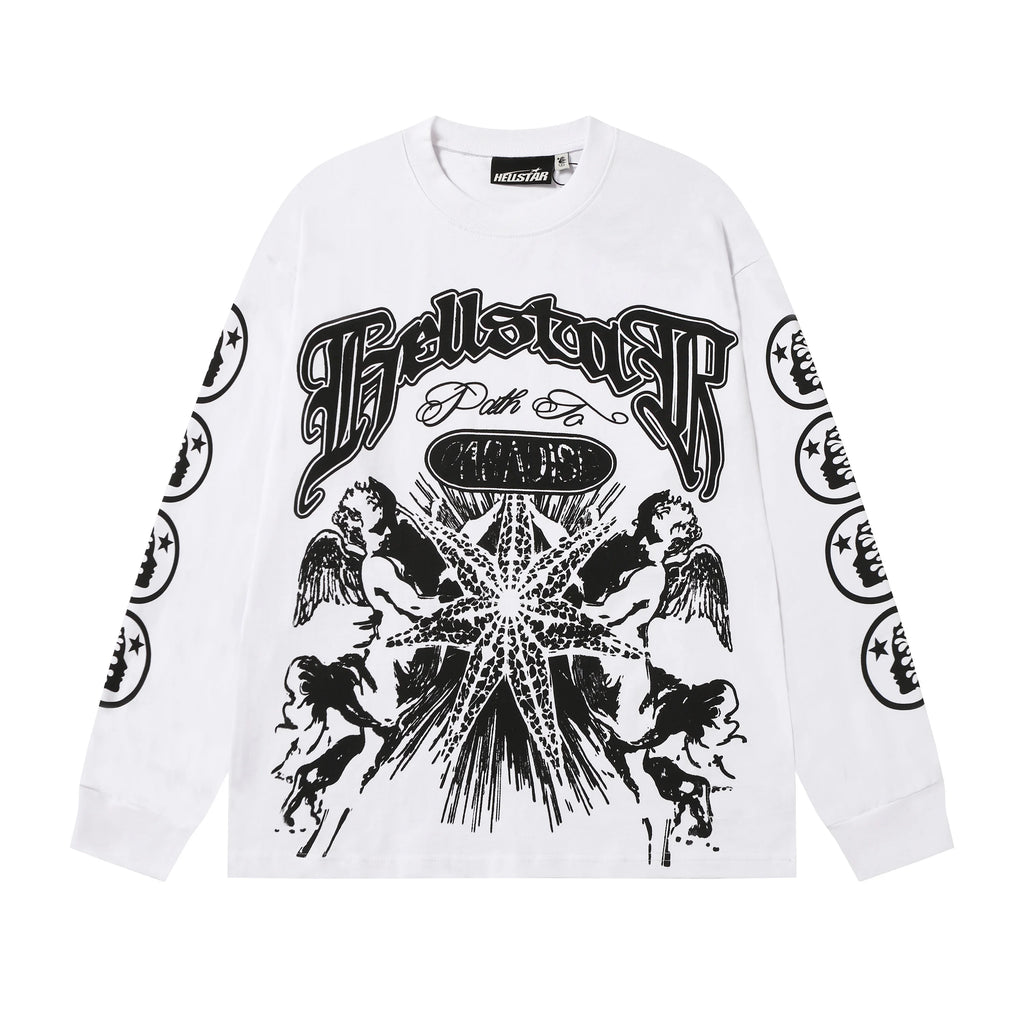 American Style HEII Hell Star Little Angel Letter Print High Street Loose Men Women Base Long Sleeve T-Shirt Spring Autumn