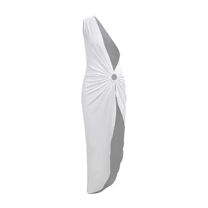 2024 New Hollow Out Summer Beach Party Slim Dress Women Elegant White One Shoulder Sleeveless Y2K Sexy Bodycon Long Dresses