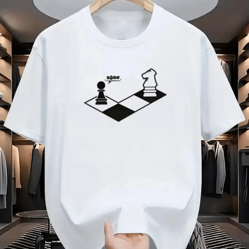 Casual style short-sleeved T-shirt with chess-themed graphic print black and white color blocking simple print pure cotton shirt