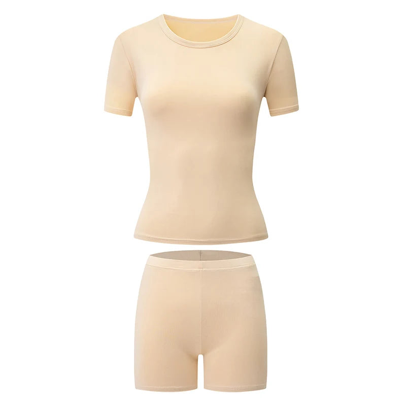 2-Piece Women's Summer Solid Color Casual Sports Short Sleeved Shorts Set Round Neck Base T-shirt And Safety Leggings Home Set