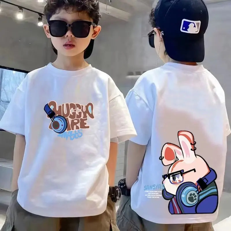 Fashion Children's Clothing Summer Rabbit Print T-shirt Boys and Girls' Clothing Short Sleeve Top 100% Cotton Children's T-shirt