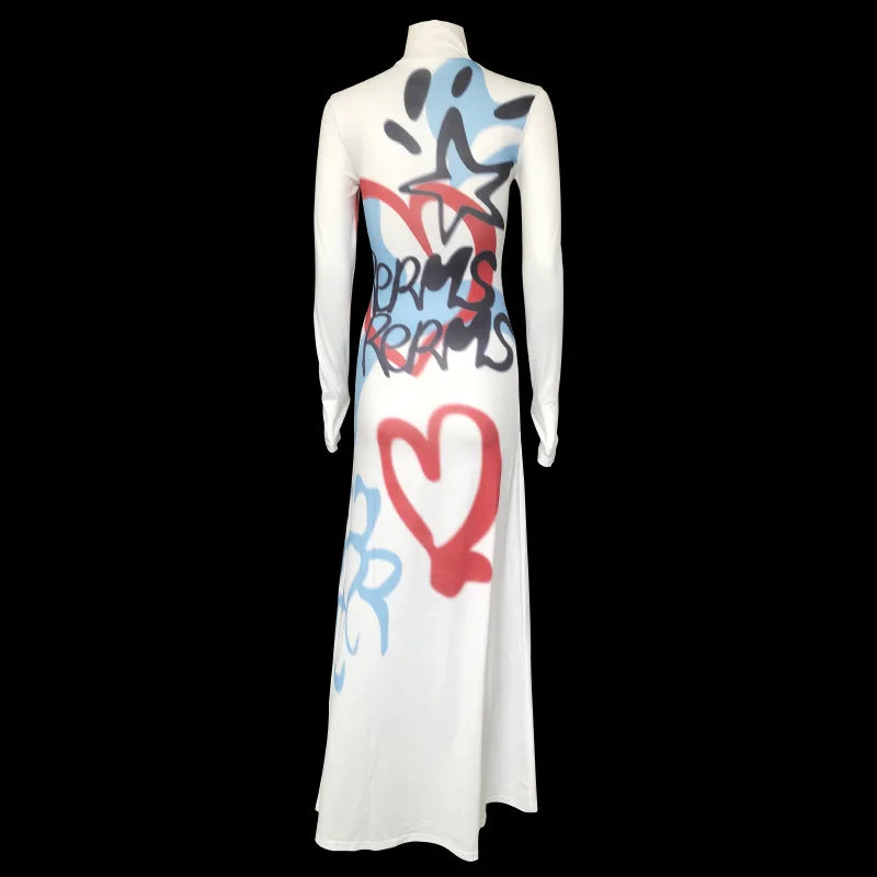 Women's Fashionable High-neck Color-blocked Graffiti Long-sleeved Hip-hugging Close-fitting Long Dress