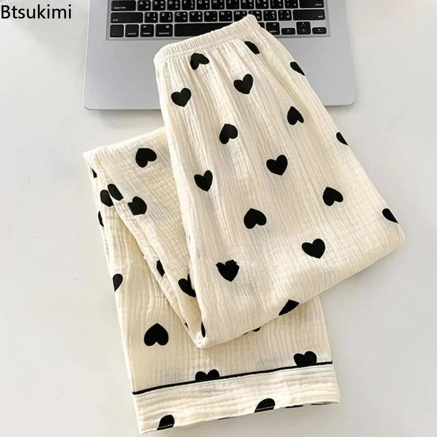 Women's Love Print Pure Cotton Pajamas Set Summer Short Sleeve Top and Long Pants Sleepwear 3PCS for Women Home Casual Pajamas