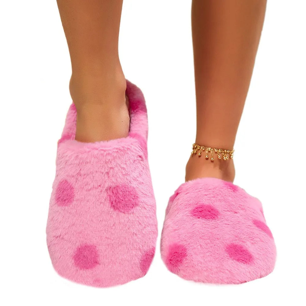 Elegant Soft Sole Plush Slide Slippers Lightweight Anti-slip Dots Fur Slipper Patchwork Casual House Flat Shoes Winter