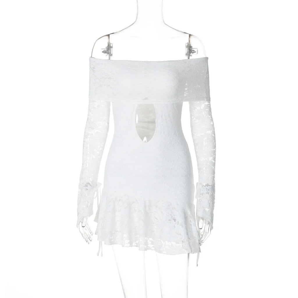 Women's Clothing 2026 Spring New Fashionable and Sexy One-word Collar Hollow Lace Long-sleeved Streamer Skirt
