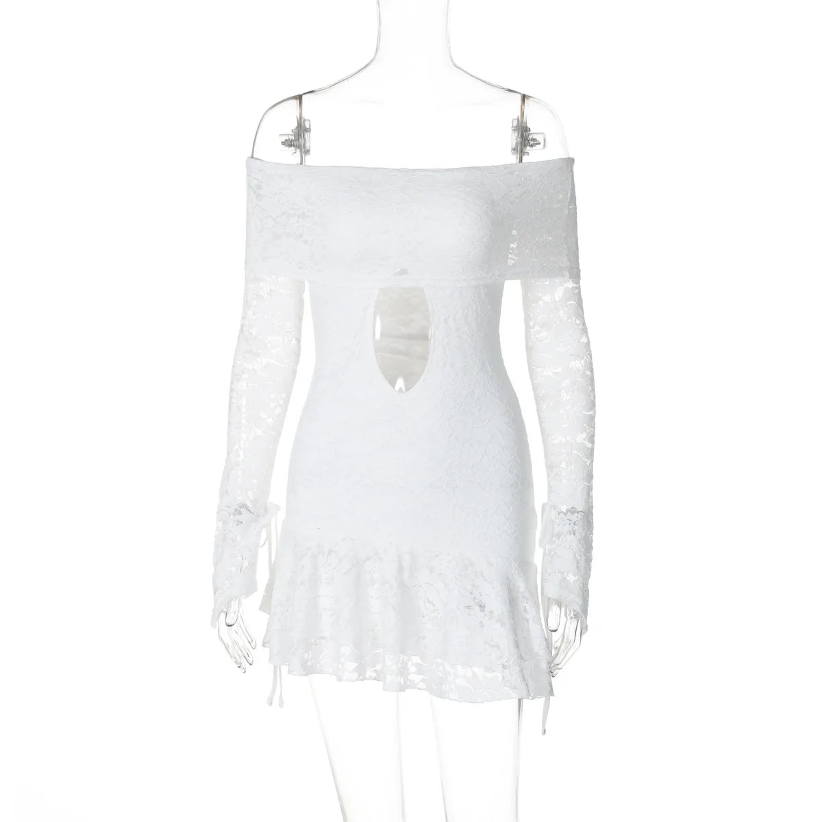 Women's Clothing 2026 Spring New Fashionable and Sexy One-word Collar Hollow Lace Long-sleeved Streamer Skirt