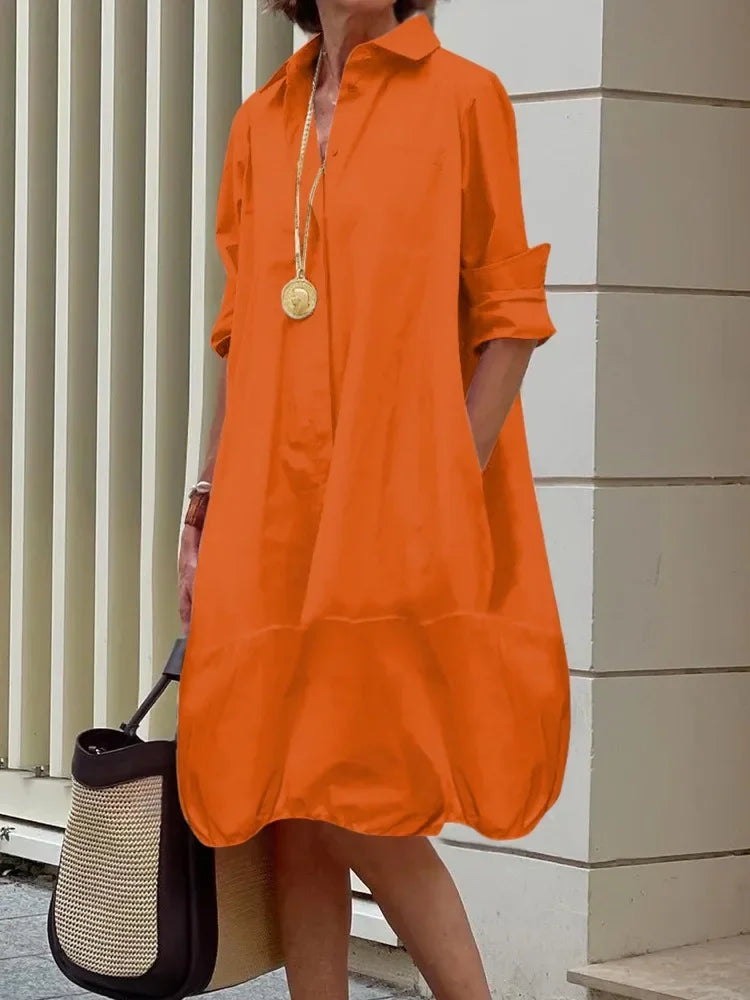 Yeezzi Women's Lapel Shirts Dress 2025 New Spring Summer Long Sleeves Loose Solid Color Casual Going Out Office Midi Dresses
