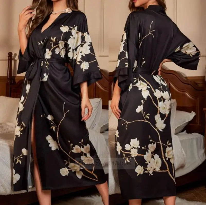 Print Flower Female Long Robe Sleepwear Japanese Kimono Bathrobe Gown Spring Summer Satin Nightgown Loose Casual Home Dress Wear