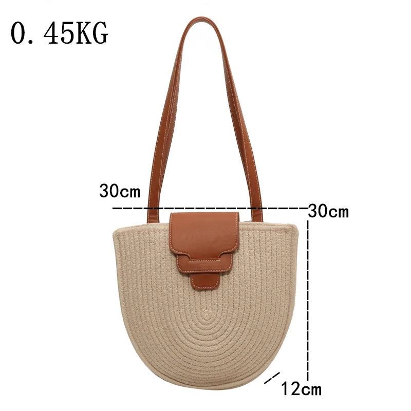 Large Capacity Beach Shopping Bag Luxury Design Woven Shoulder Bag Women Handmade Cotton Thread Woven Handbag Summer Travel Bag