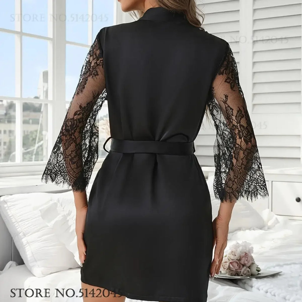 Bride Bridesmaid Wedding Robe Negligee Spring Summer Women Sleepwear Home Dress Patchwork Lace Kimono Bathrobe Gown Loungwear