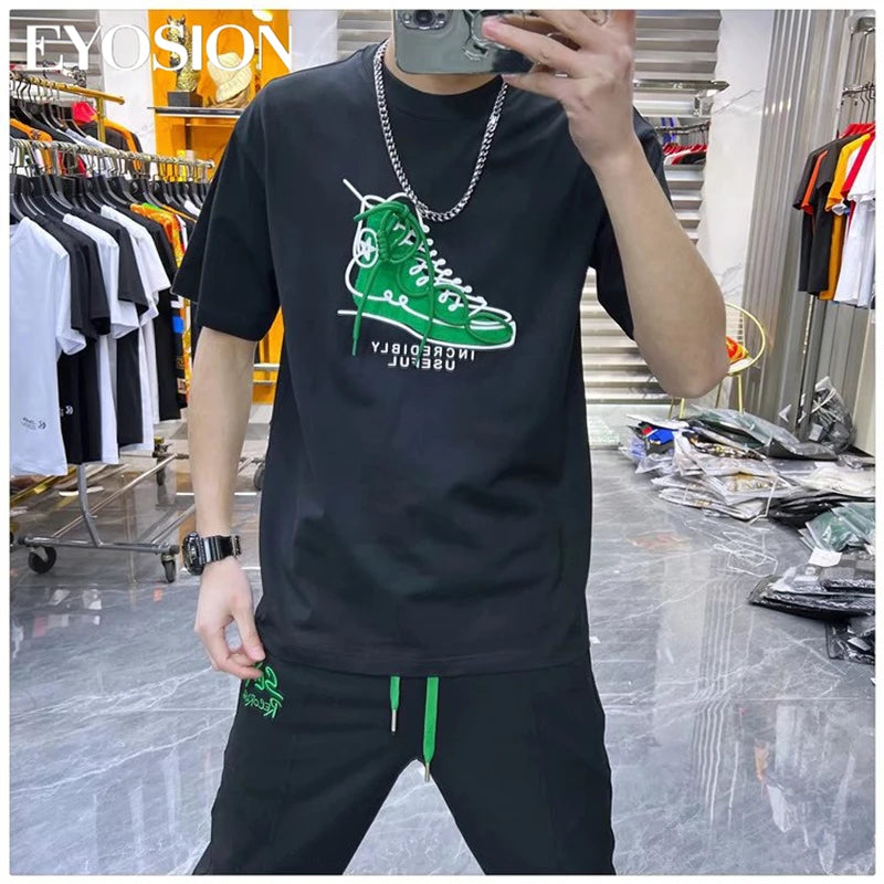 Men T-shirt Designer Brand Shoe Print Round Neck T Shirts Korean Fashion Pure Cotton Tee Unisex Trend Tops