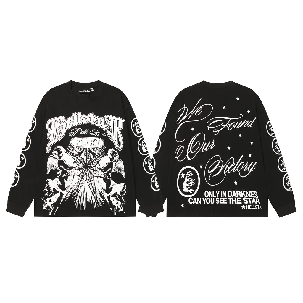 American Style HEII Hell Star Little Angel Letter Print High Street Loose Men Women Base Long Sleeve T-Shirt Spring Autumn